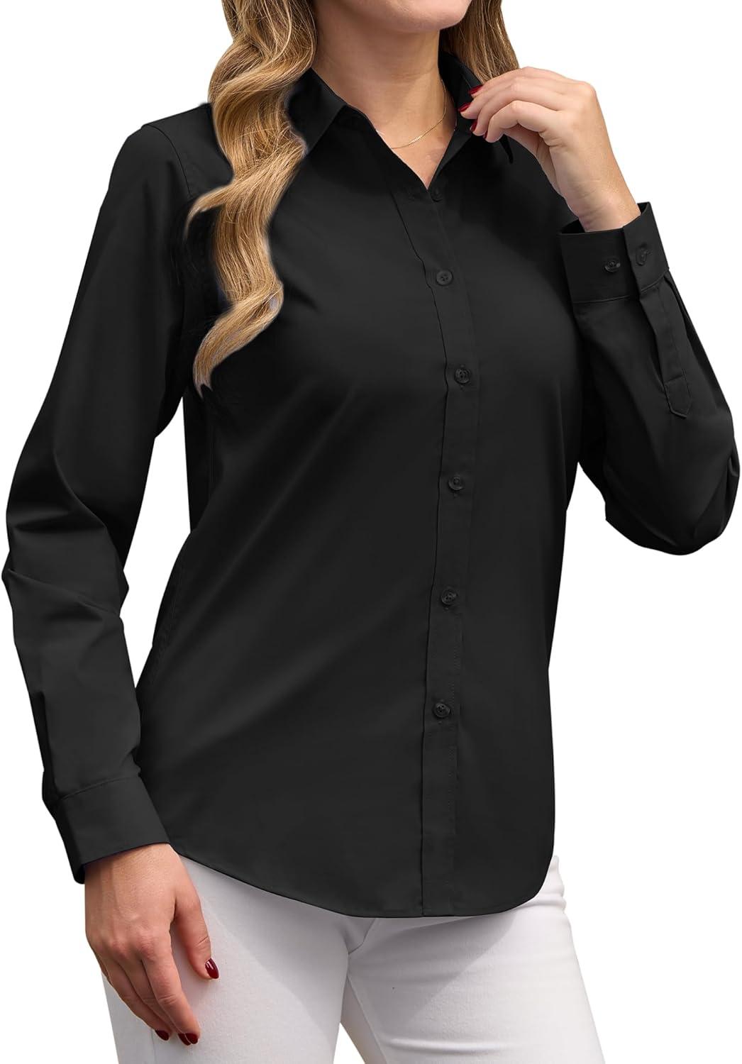 imagesiliteelon Button Down Shirts Dress Shirts for Women Long Sleeve Womens Work Shirts Regular Fit Cotton Dress ShirtsBlack
