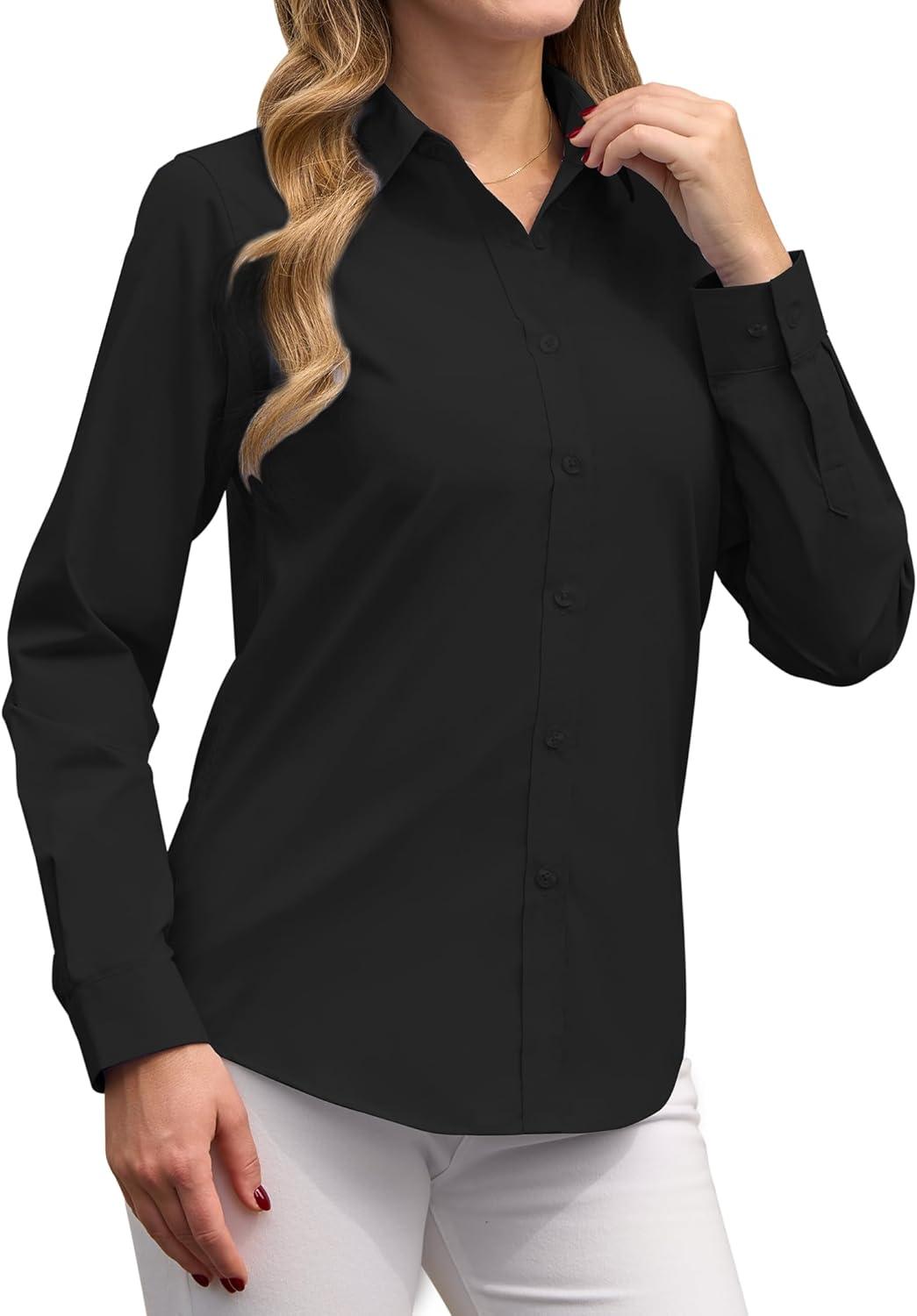 imagesiliteelon Button Down Shirts Dress Shirts for Women Long Sleeve Womens Work Shirts Regular Fit Cotton Dress ShirtsBlack