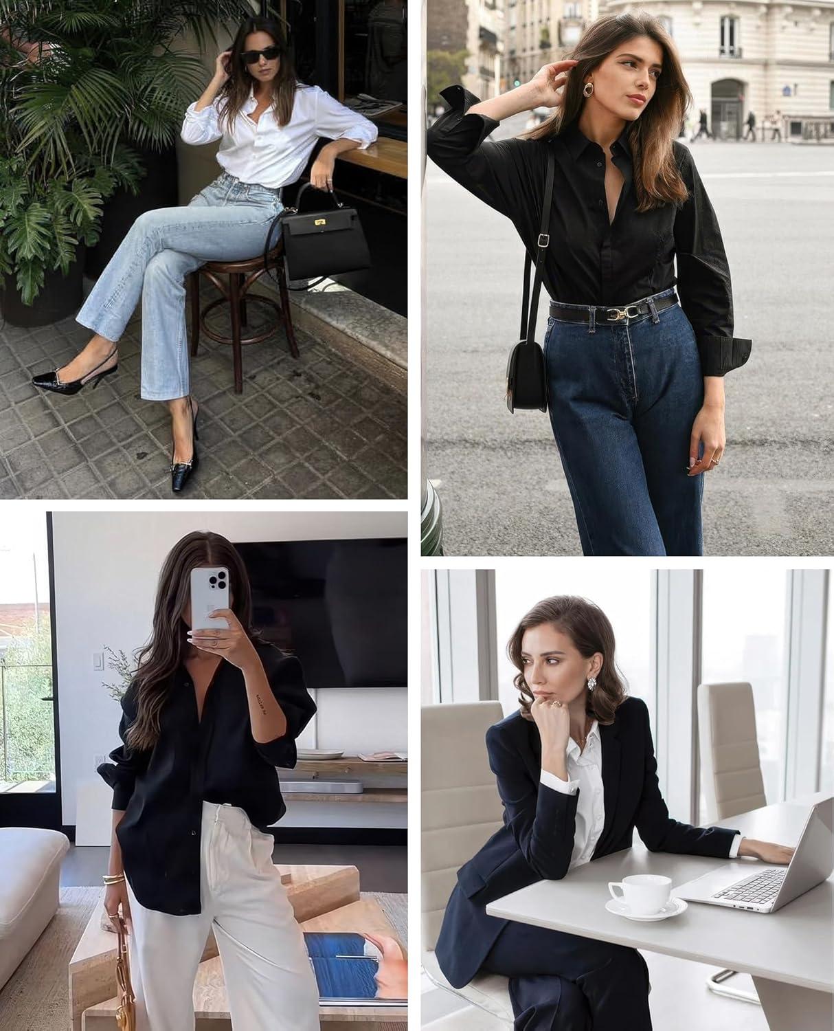 imagesiliteelon Button Down Shirts Dress Shirts for Women Long Sleeve Womens Work Shirts Regular Fit Cotton Dress ShirtsBlack