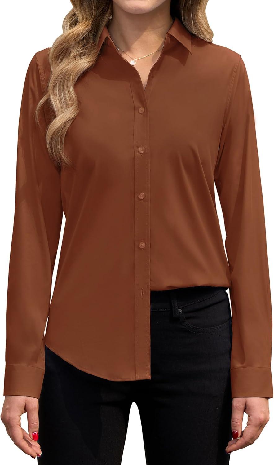 imagesiliteelon Button Down Shirts Dress Shirts for Women Long Sleeve Womens Work Shirts Regular Fit Cotton Dress ShirtsCaramel