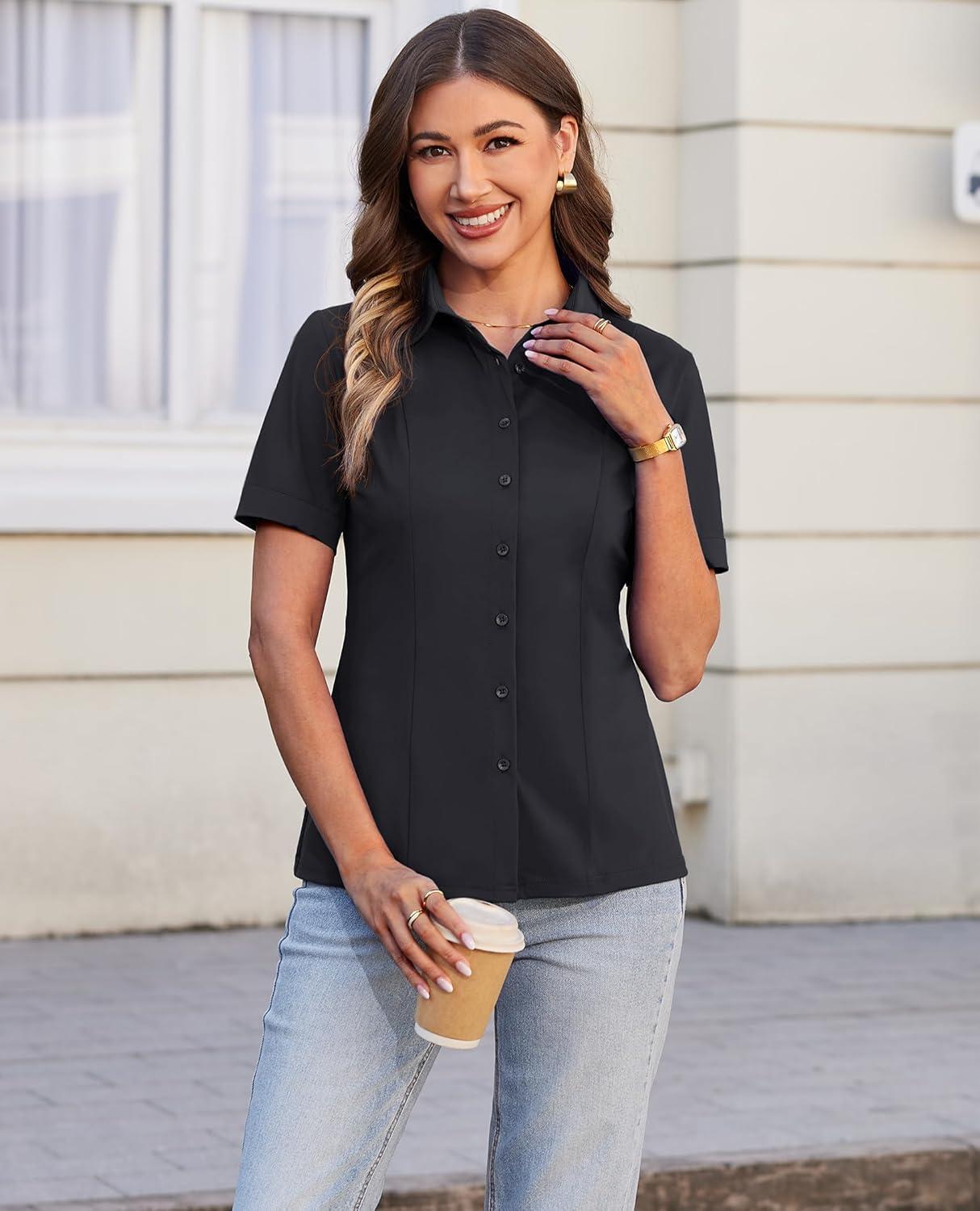 imagesiliteelon Womens Button Down Shirts Slim fit Short Sleeve Stretch Dress Shirts WrinkleFree Solid Work BlouseBlack