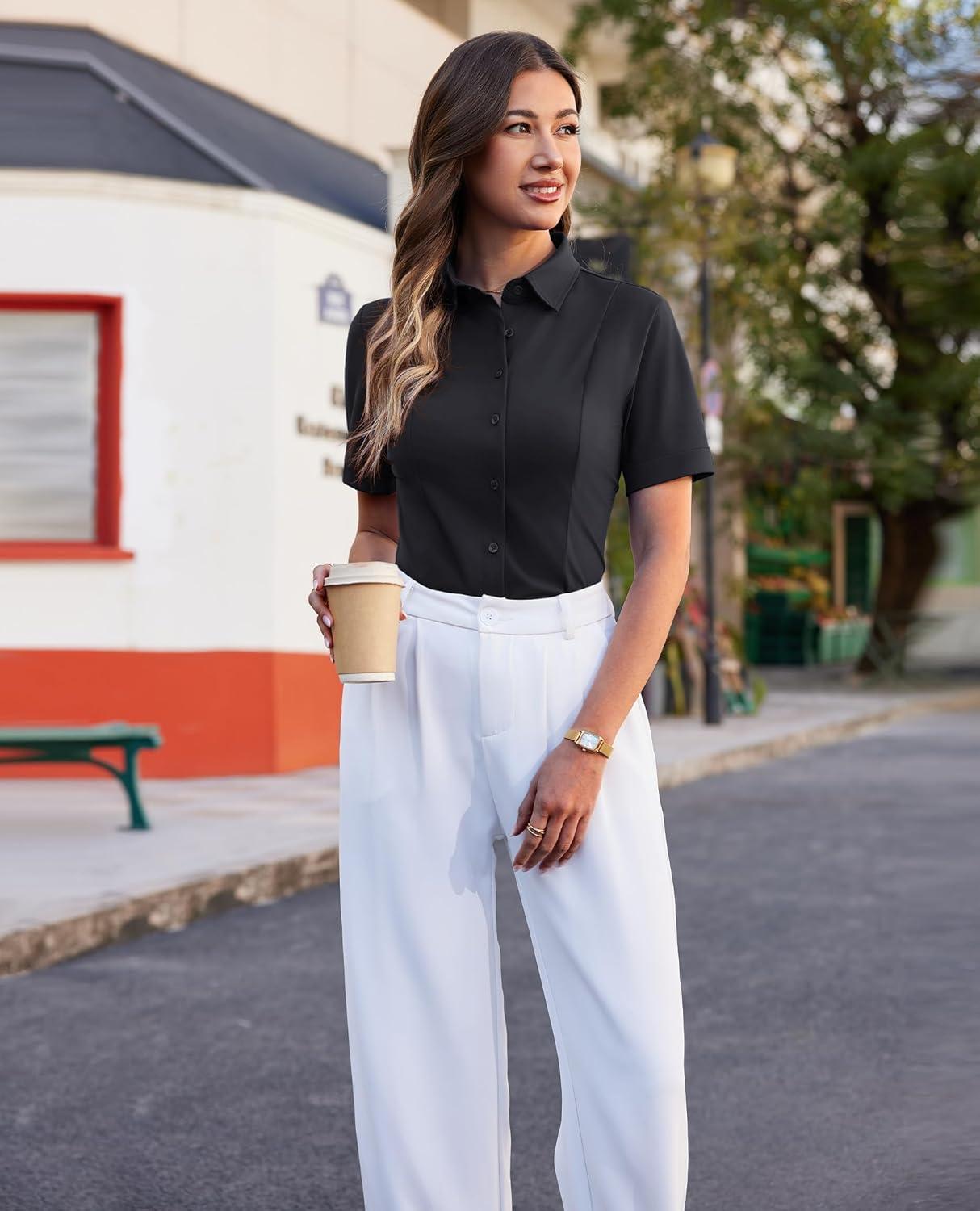 imagesiliteelon Womens Button Down Shirts Slim fit Short Sleeve Stretch Dress Shirts WrinkleFree Solid Work BlouseBlack