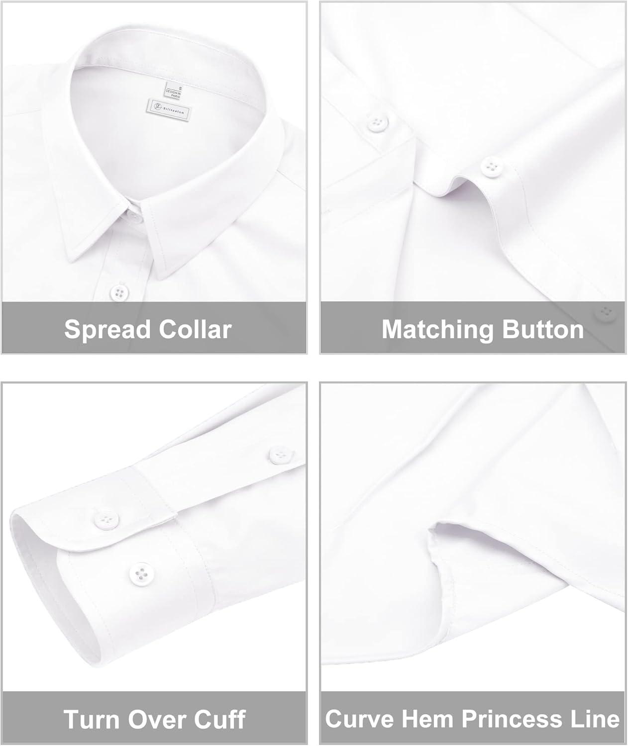 imagesiliteelon Womens ClassicFit Dress Shirts Long Sleeve Button Down WrinkleFree Stretch Solid Casual Work Office Blouse TopWhite