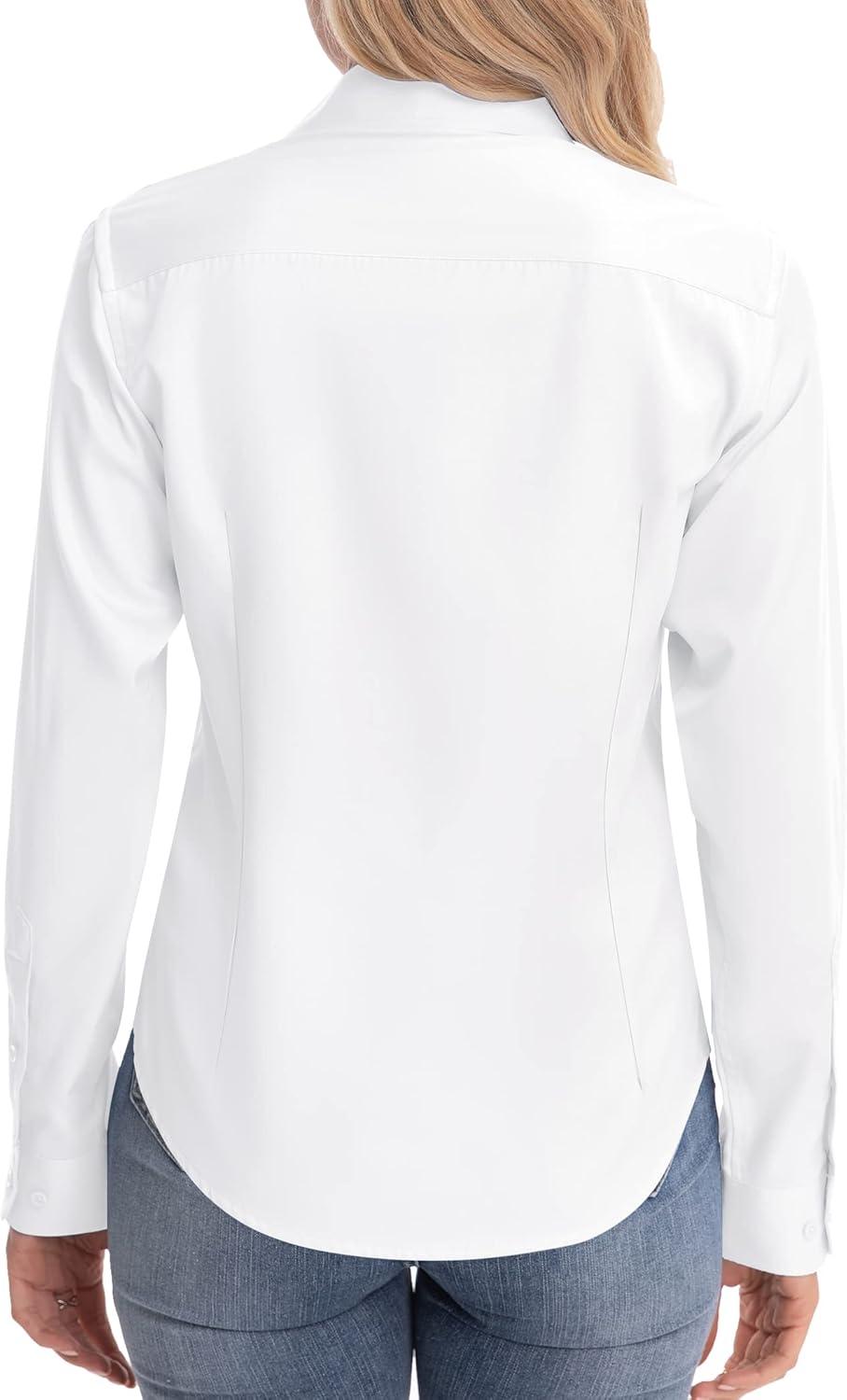 imagesiliteelon Womens ClassicFit Dress Shirts Long Sleeve Button Down WrinkleFree Stretch Solid Casual Work Office Blouse TopWhite