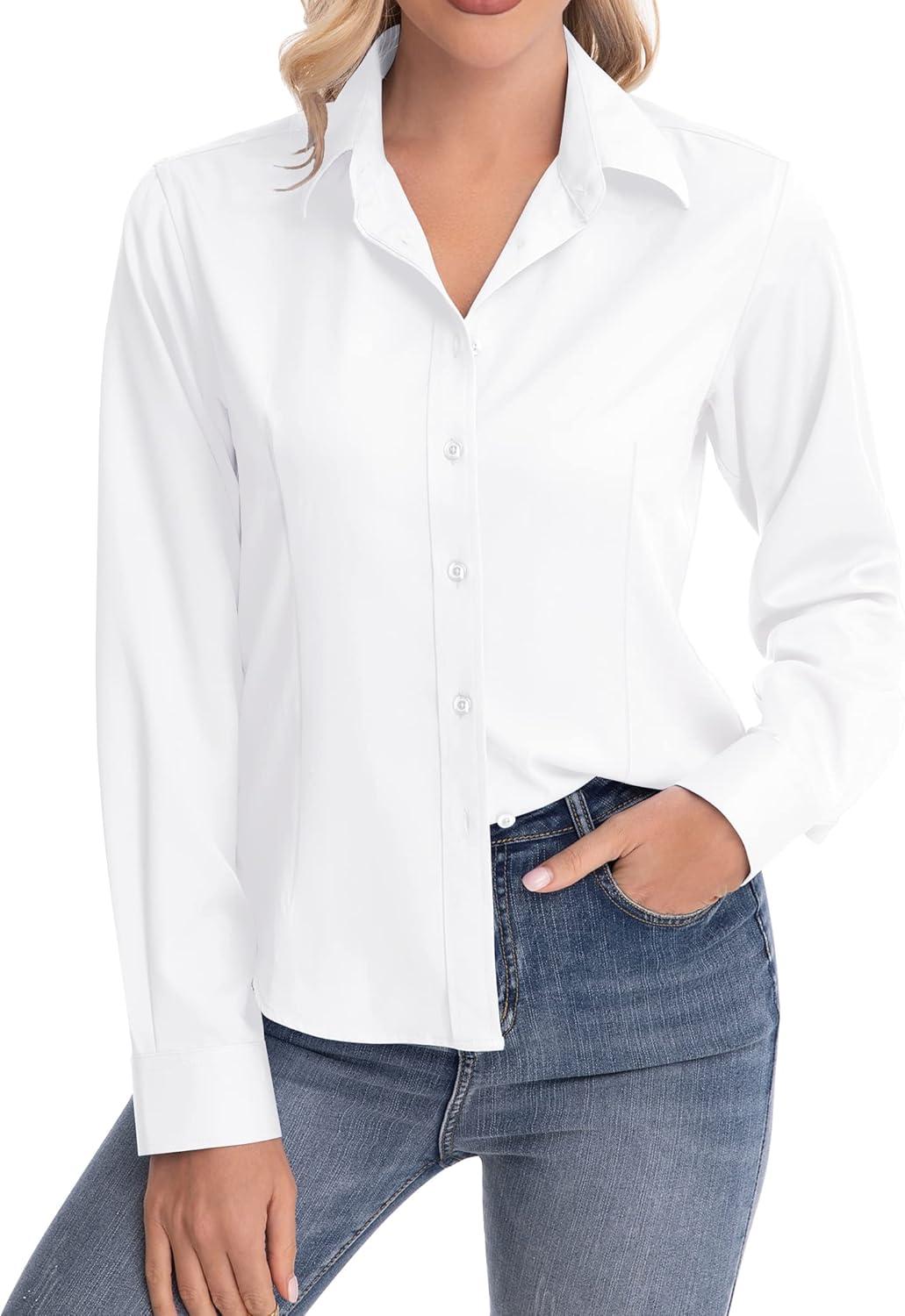 imagesiliteelon Womens ClassicFit Dress Shirts Long Sleeve Button Down WrinkleFree Stretch Solid Casual Work Office Blouse TopWhite
