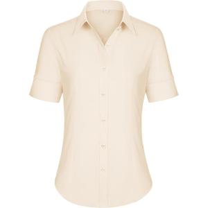 siliteelon Short Sleeve Button Dress Shirts for Women Cotton Button Down Shirts for Women Slim Fit Blouse Top 3/4 Sleeve(Beige)