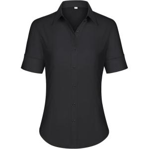 siliteelon Short Sleeve Button Dress Shirts for Women Cotton Button Down Shirts for Women Slim Fit Blouse Top 3/4 Sleeve(Black)