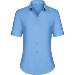 siliteelon Short Sleeve Button Dress Shirts for Women Cotton Button Down Shirts for Women Slim Fit Blouse Top 3/4 Sleeve(Blue)