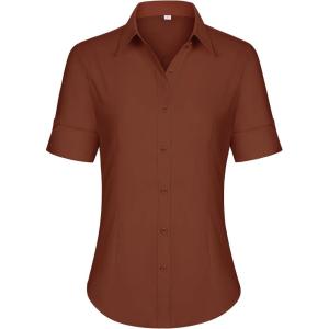 siliteelon Short Sleeve Button Dress Shirts for Women Cotton Button Down Shirts for Women Slim Fit Blouse Top 3/4 Sleeve(Brown)