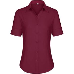 siliteelon Short Sleeve Button Dress Shirts for Women Cotton Button Down Shirts for Women Slim Fit Blouse Top 3/4 Sleeve(Burgundy)