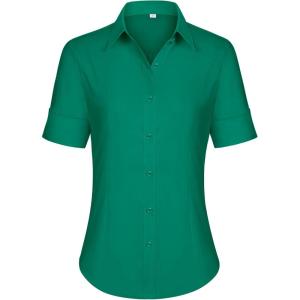 siliteelon Short Sleeve Button Dress Shirts for Women Cotton Button Down Shirts for Women Slim Fit Blouse Top 3/4 Sleeve(Dark Green)