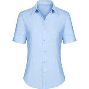 siliteelon Short Sleeve Button Dress Shirts for Women Cotton Button Down Shirts for Women Slim Fit Blouse Top 3/4 Sleeve(Light Blue)