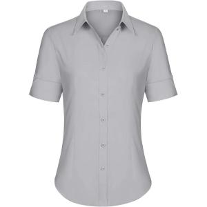 siliteelon Short Sleeve Button Dress Shirts for Women Cotton Button Down Shirts for Women Slim Fit Blouse Top 3/4 Sleeve(Light Gray)