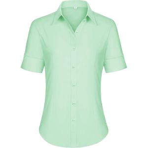 siliteelon Short Sleeve Button Dress Shirts for Women Cotton Button Down Shirts for Women Slim Fit Blouse Top 3/4 Sleeve(Light Green)