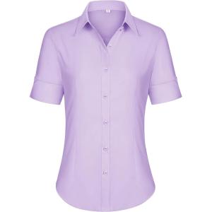 siliteelon Short Sleeve Button Dress Shirts for Women Cotton Button Down Shirts for Women Slim Fit Blouse Top 3/4 Sleeve(Light Purple)