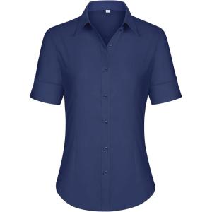 siliteelon Short Sleeve Button Dress Shirts for Women Cotton Button Down Shirts for Women Slim Fit Blouse Top 3/4 Sleeve(Navy Blue)