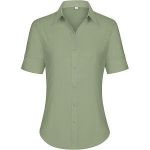 siliteelon Short Sleeve Button Dress Shirts for Women Cotton Button Down Shirts for Women Slim Fit Blouse Top 3/4 Sleeve(Olive Green)