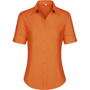 siliteelon Short Sleeve Button Dress Shirts for Women Cotton Button Down Shirts for Women Slim Fit Blouse Top 3/4 Sleeve(Orange)