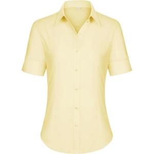 siliteelon Short Sleeve Button Dress Shirts for Women Cotton Button Down Shirts for Women Slim Fit Blouse Top 3/4 Sleeve(Pale Yellow)