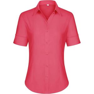 siliteelon Short Sleeve Button Dress Shirts for Women Cotton Button Down Shirts for Women Slim Fit Blouse Top 3/4 Sleeve(Peach Pink)