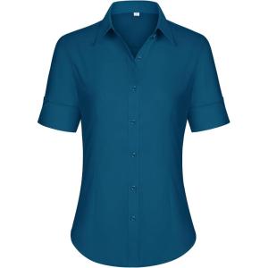 siliteelon Short Sleeve Button Dress Shirts for Women Cotton Button Down Shirts for Women Slim Fit Blouse Top 3/4 Sleeve(Peacock Blue)