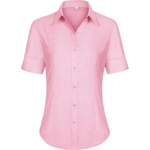 siliteelon Short Sleeve Button Dress Shirts for Women Cotton Button Down Shirts for Women Slim Fit Blouse Top 3/4 Sleeve(Pink)