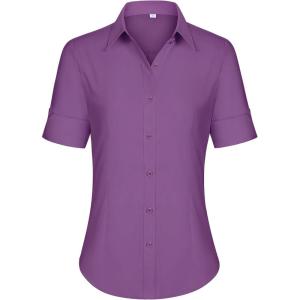 siliteelon Short Sleeve Button Dress Shirts for Women Cotton Button Down Shirts for Women Slim Fit Blouse Top 3/4 Sleeve(Purple)