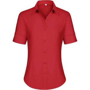 siliteelon Short Sleeve Button Dress Shirts for Women Cotton Button Down Shirts for Women Slim Fit Blouse Top 3/4 Sleeve(Red)