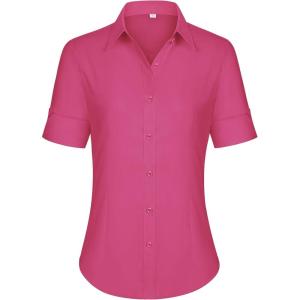 siliteelon Short Sleeve Button Dress Shirts for Women Cotton Button Down Shirts for Women Slim Fit Blouse Top 3/4 Sleeve(Rose Pink)