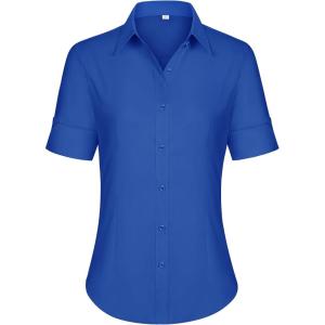 siliteelon Short Sleeve Button Dress Shirts for Women Cotton Button Down Shirts for Women Slim Fit Blouse Top 3/4 Sleeve(Royal Blue)