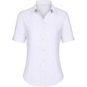 siliteelon Short Sleeve Button Dress Shirts for Women Cotton Button Down Shirts for Women Slim Fit Blouse Top 3/4 Sleeve(White)