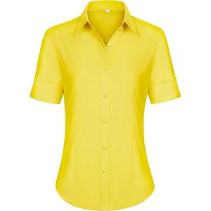 siliteelon Short Sleeve Button Dress Shirts for Women Cotton Button Down Shirts for Women Slim Fit Blouse Top 3/4 Sleeve(Yellow)