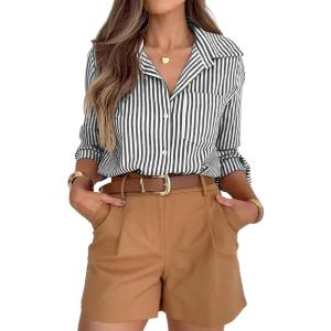 siliteelon Striped Button Down Shirts for Women Dress Shirts Long Sleeve Casual Collared Office Work Shirt with Pocket(Black)