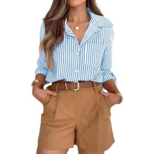 siliteelon Striped Button Down Shirts for Women Dress Shirts Long Sleeve Casual Collared Office Work Shirt with Pocket(Blue)
