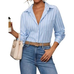 siliteelon Striped Button Down Shirts for Women Dress Shirts Long Sleeve Casual Collared Office Work Shirt with Pocket(Blue Striped)