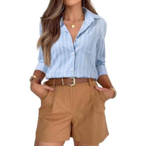 siliteelon Striped Button Down Shirts for Women Dress Shirts Long Sleeve Casual Collared Office Work Shirt with Pocket(Blue Z)