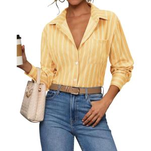 siliteelon Striped Button Down Shirts for Women Dress Shirts Long Sleeve Casual Collared Office Work Shirt with Pocket(Bright Yellow)