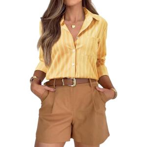 siliteelon Striped Button Down Shirts for Women Dress Shirts Long Sleeve Casual Collared Office Work Shirt with Pocket(Bright Yellow Z)