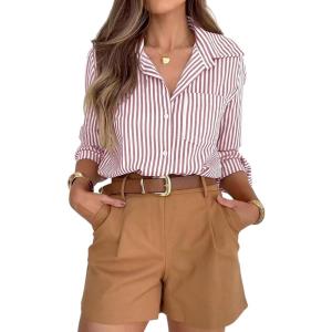 siliteelon Striped Button Down Shirts for Women Dress Shirts Long Sleeve Casual Collared Office Work Shirt with Pocket(Dark Pink)