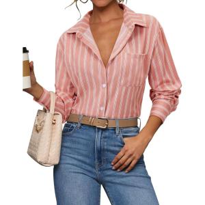 siliteelon Striped Button Down Shirts for Women Dress Shirts Long Sleeve Casual Collared Office Work Shirt with Pocket(Dark Pink Striped)