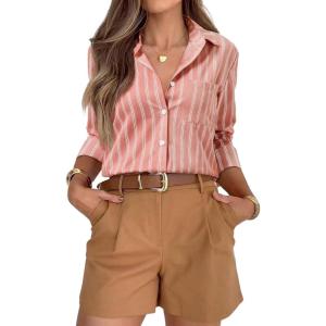 siliteelon Striped Button Down Shirts for Women Dress Shirts Long Sleeve Casual Collared Office Work Shirt with Pocket(Dark Pink Z)