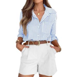 siliteelon Striped Button Down Shirts for Women Dress Shirts Long Sleeve Casual Collared Office Work Shirt with Pocket(Denim Blue)