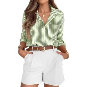 siliteelon Striped Button Down Shirts for Women Dress Shirts Long Sleeve Casual Collared Office Work Shirt with Pocket(Grass Green)