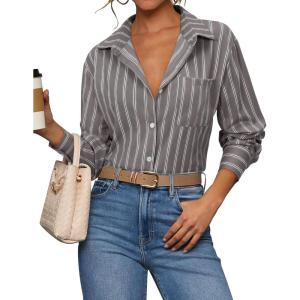 siliteelon Striped Button Down Shirts for Women Dress Shirts Long Sleeve Casual Collared Office Work Shirt with Pocket(Gray Striped)