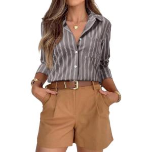 siliteelon Striped Button Down Shirts for Women Dress Shirts Long Sleeve Casual Collared Office Work Shirt with Pocket(Gray and Black)