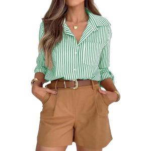 siliteelon Striped Button Down Shirts for Women Dress Shirts Long Sleeve Casual Collared Office Work Shirt with Pocket(Green)