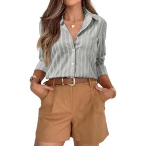 siliteelon Striped Button Down Shirts for Women Dress Shirts Long Sleeve Casual Collared Office Work Shirt with Pocket(Grey Z)