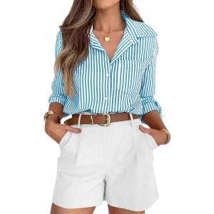siliteelon Striped Button Down Shirts for Women Dress Shirts Long Sleeve Casual Collared Office Work Shirt with Pocket(Indigo)
