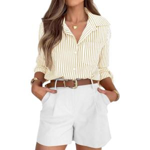 siliteelon Striped Button Down Shirts for Women Dress Shirts Long Sleeve Casual Collared Office Work Shirt with Pocket(Ivory)
