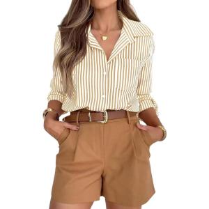 siliteelon Striped Button Down Shirts for Women Dress Shirts Long Sleeve Casual Collared Office Work Shirt with Pocket(Light Brown)